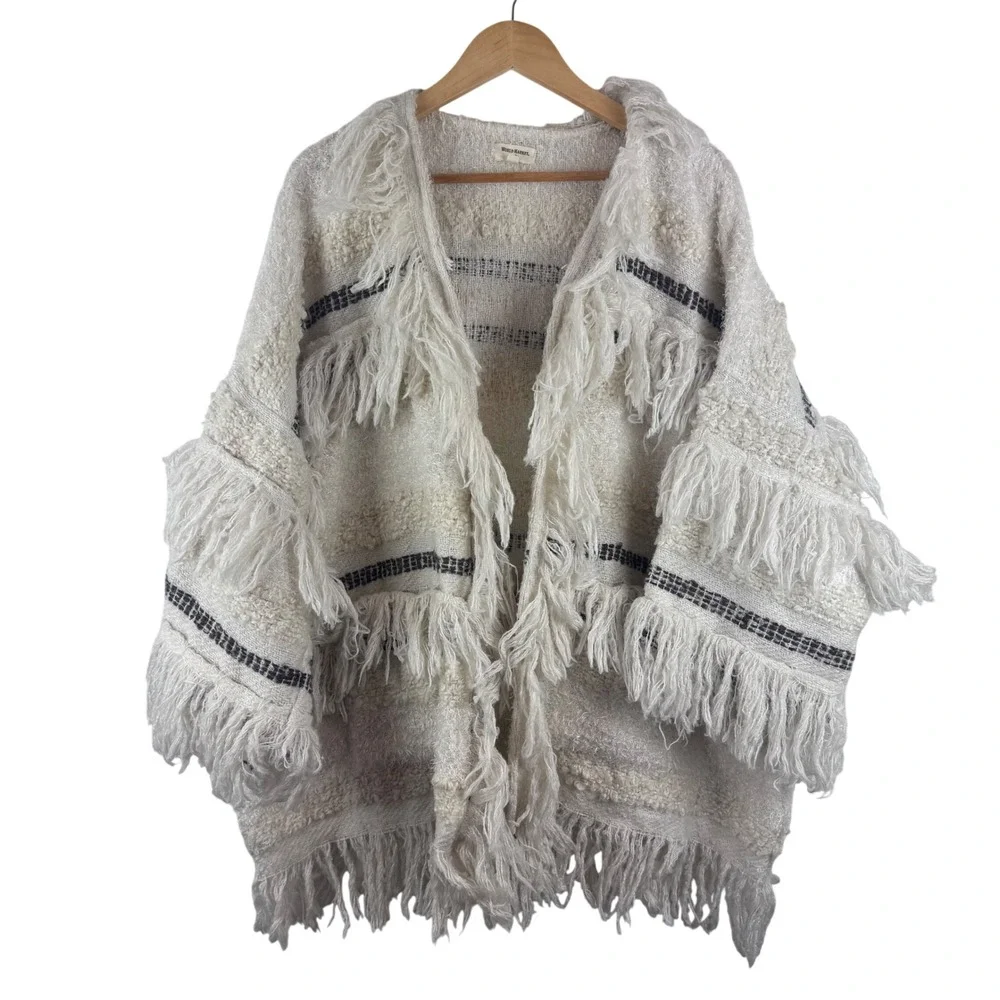 World Market Cardigan Wrap Womens One Size Cream Striped Fringe Shaggy Boho